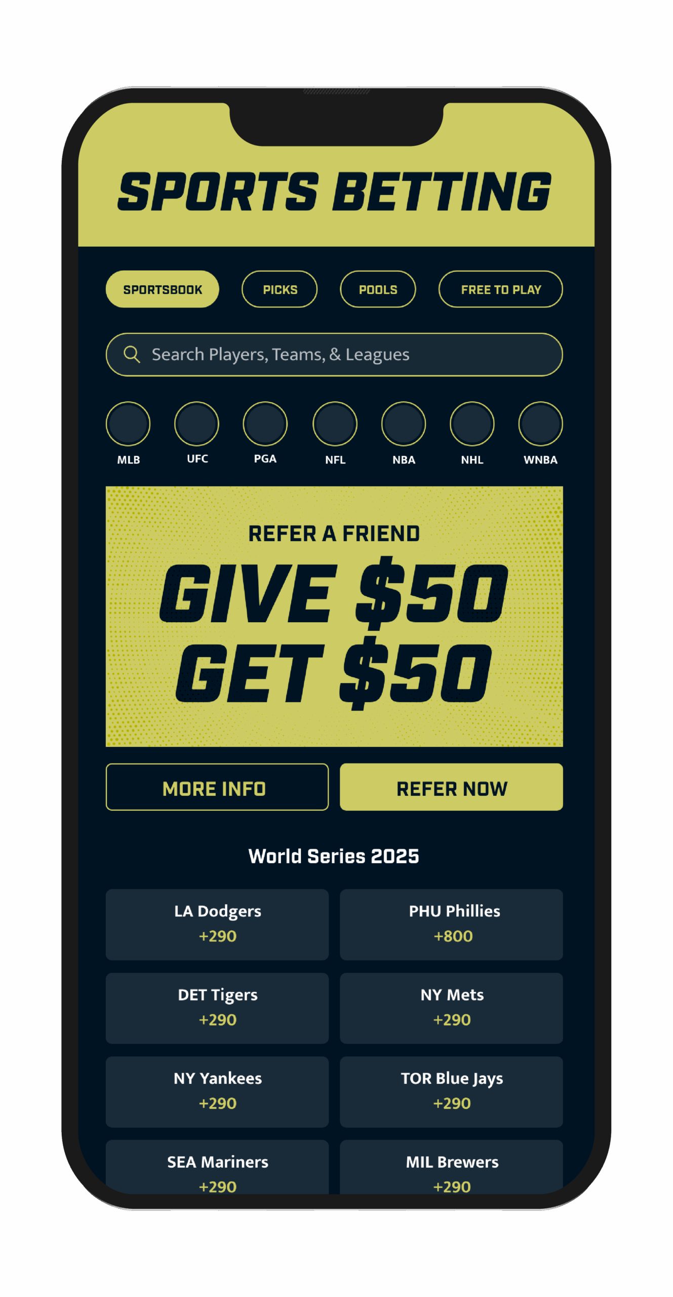 Image of a cell phone with a sports betting UI screen